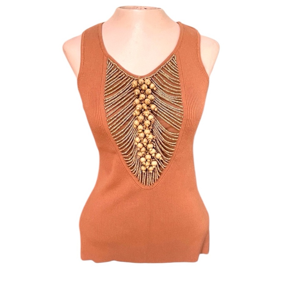 Tracy M Dressy Beaded Brown Boho Earthy Neutral Minimalist Tank Top Medium